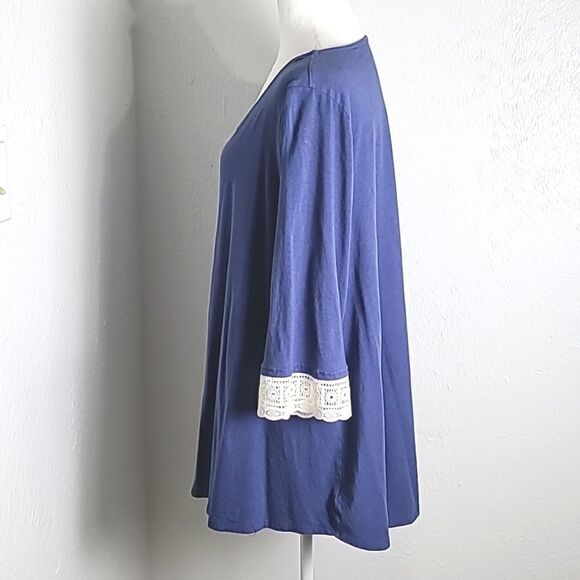 Woman Within Blue Tunic Top,  2" White Embroidered Band on 3/4 Sleeves, Size 1X - Picture 5 of 8